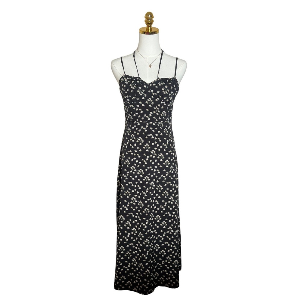 Floral Daisy Midi Dress Black Sweetheart Halter Spaghetti Strap Summer Sun Dress